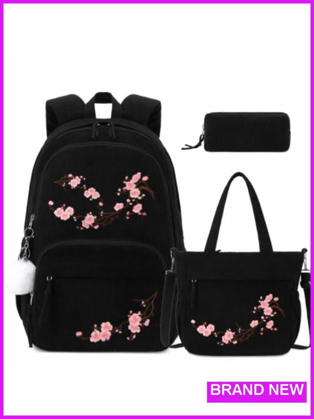 3-in-1 Corduroy Backpack Set with Messenger Bag & Pencil Case